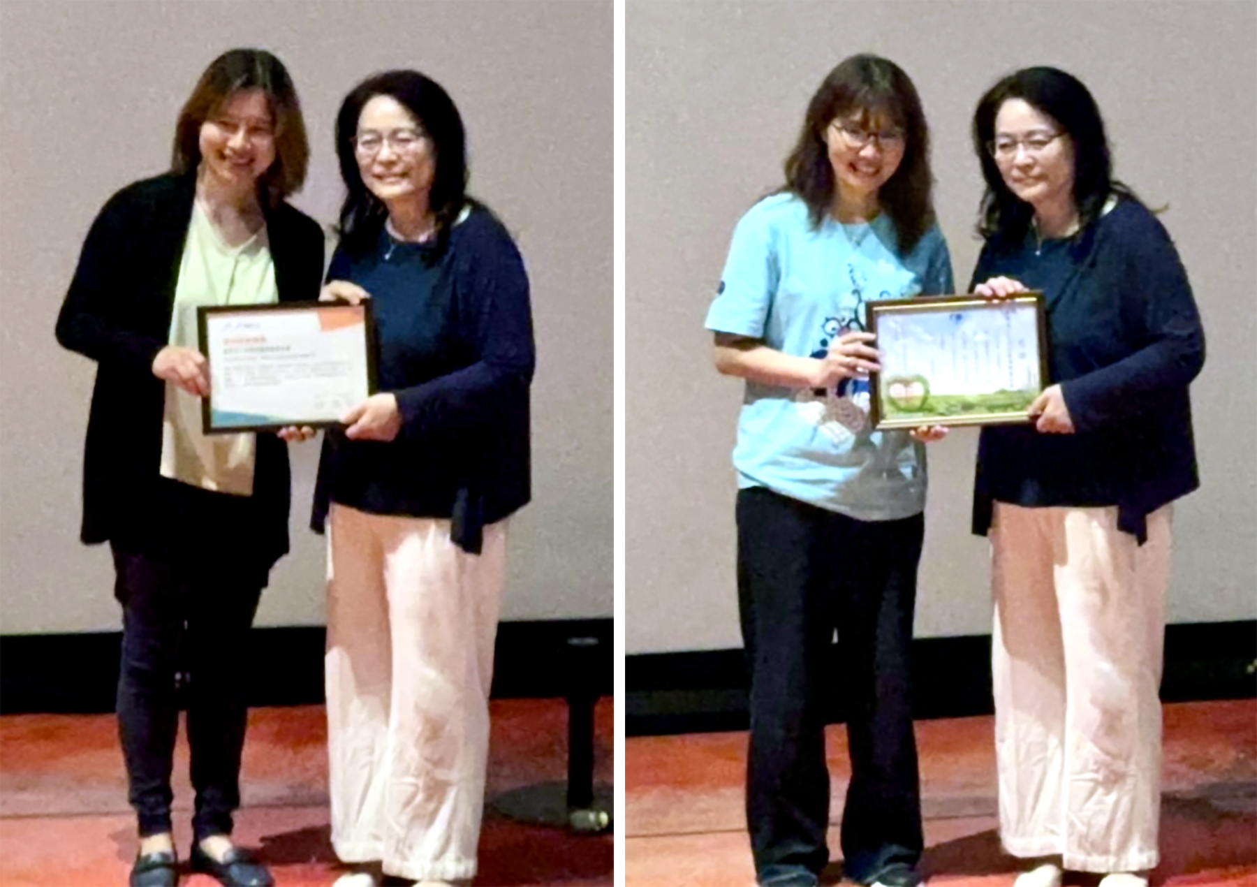 右圖:鄰里123林依瑩執行長頒發感謝狀。左圖:善牧基金會台北區郁佳霖主任頒發感謝狀。