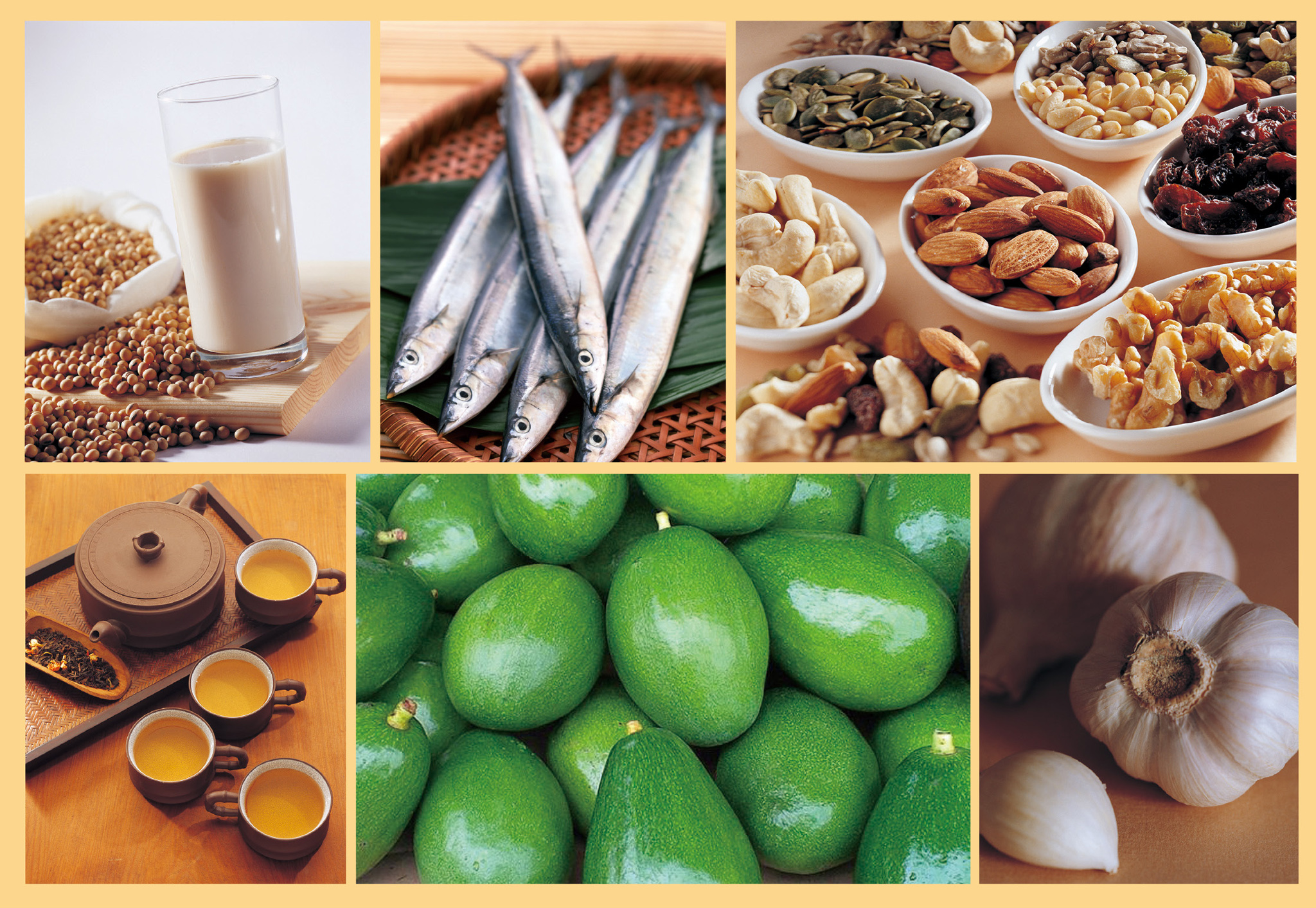 有效降低膽固醇之六大好食：黃豆製品、魚類、綜合堅果、茶、酪梨、大蒜。