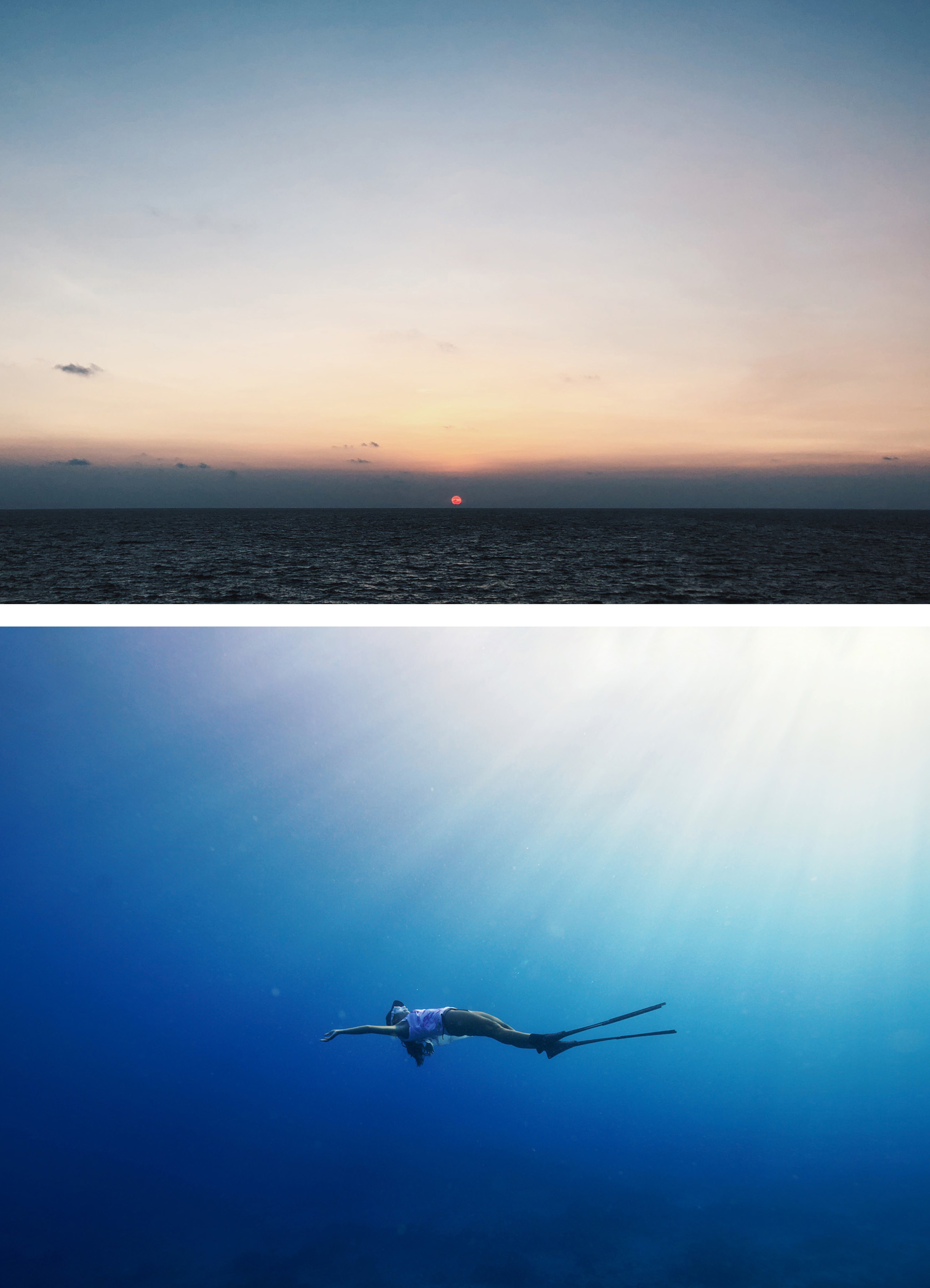 上圖：小琉球的夕陽是島主心中第一名的無敵夕陽；下圖：小琉球海溫終年都維持在攝氏二十五度以上，四季都能下水。