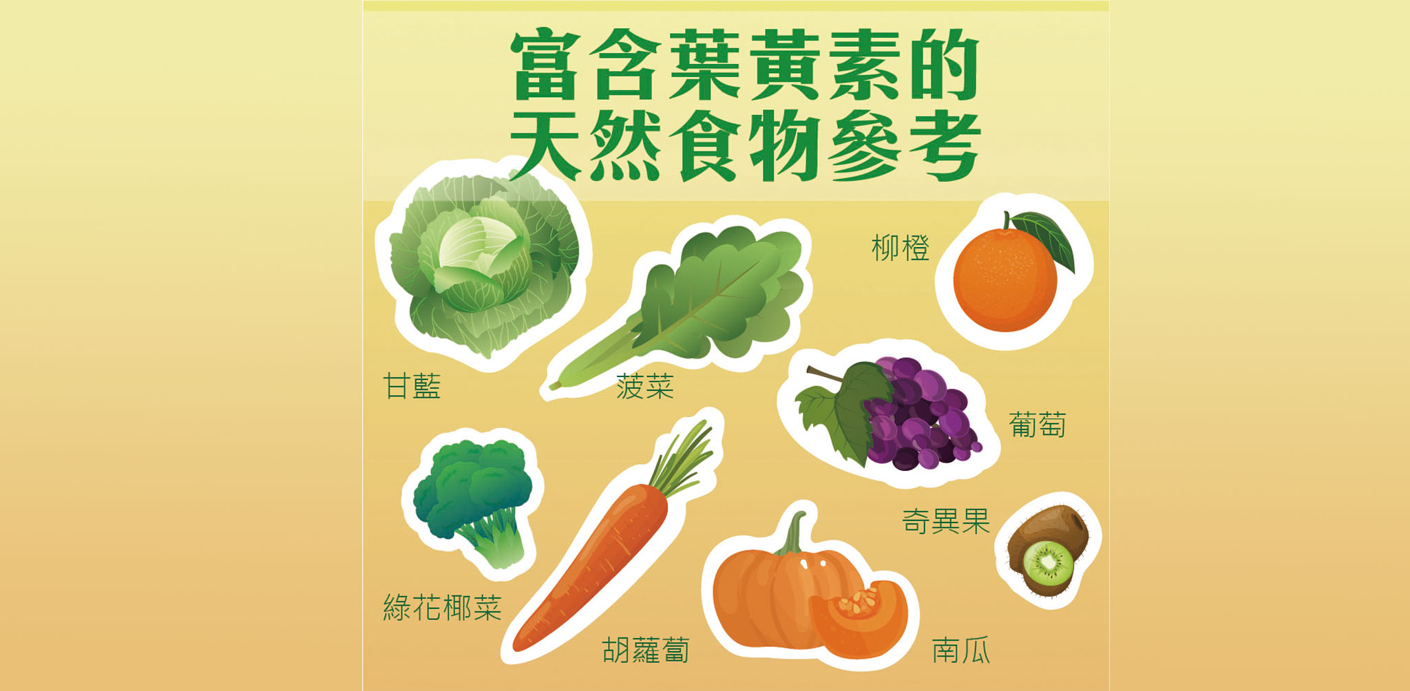 富含葉黃素的天然食物參考：甘藍、菠菜、綠花椰菜、胡蘿蔔、南瓜、柳橙、葡萄、奇異果等。