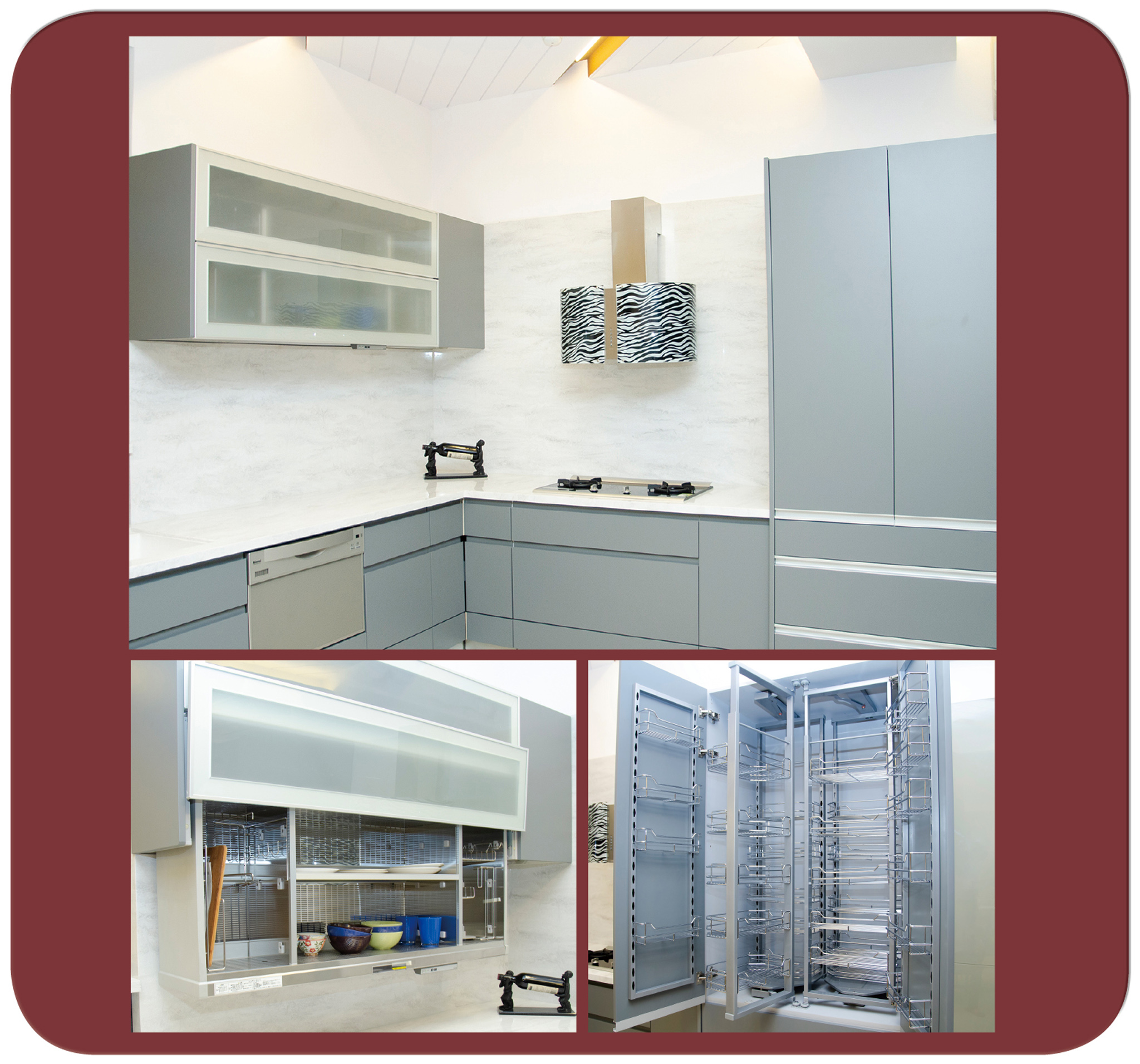 銀灰色系極簡風歐化廚具，強化收納設計，上層升降架為日本原裝進口，右側收納櫃則為龍禾創新設計，收納功能極強。