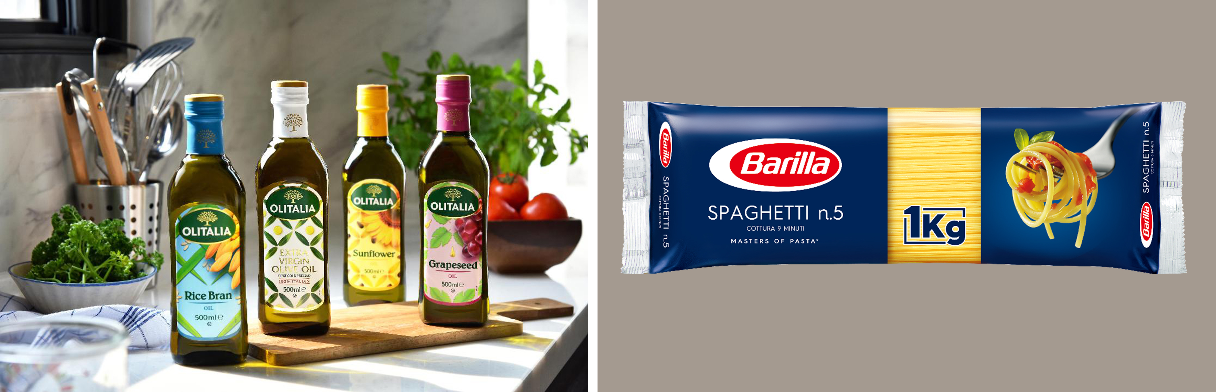 （左圖）Olitalia奧利塔玄米油、橄欖油、葵花油、葡萄籽油；（右圖）協憶引進全世界最大義大利麵品牌百味來的義大利麵產品。