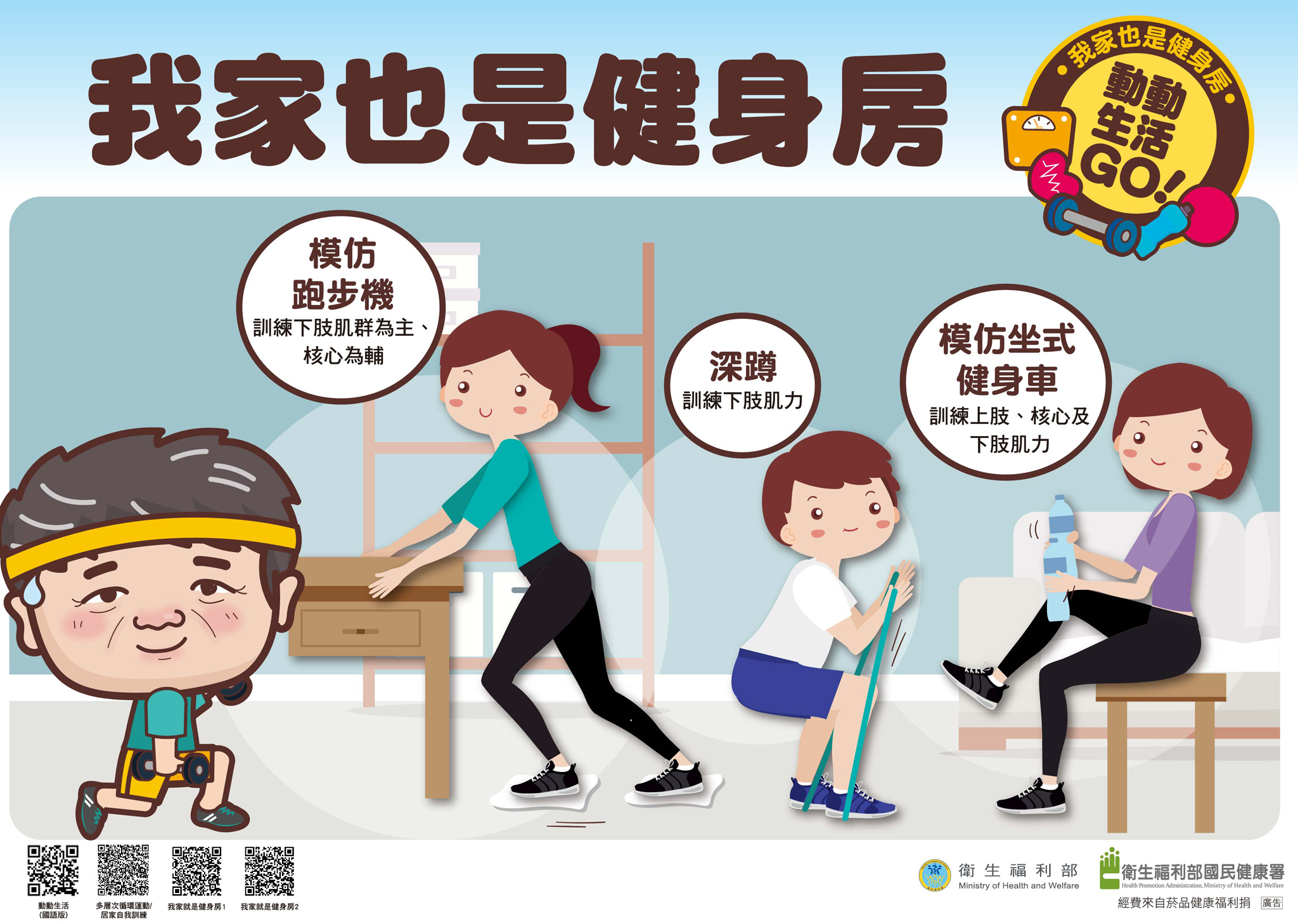 響應國健署「動動生活GO！」將家裡當健身房，深蹲、模仿跑步機、坐式健身車。（圖片來源：衛生福利部國民健康署）