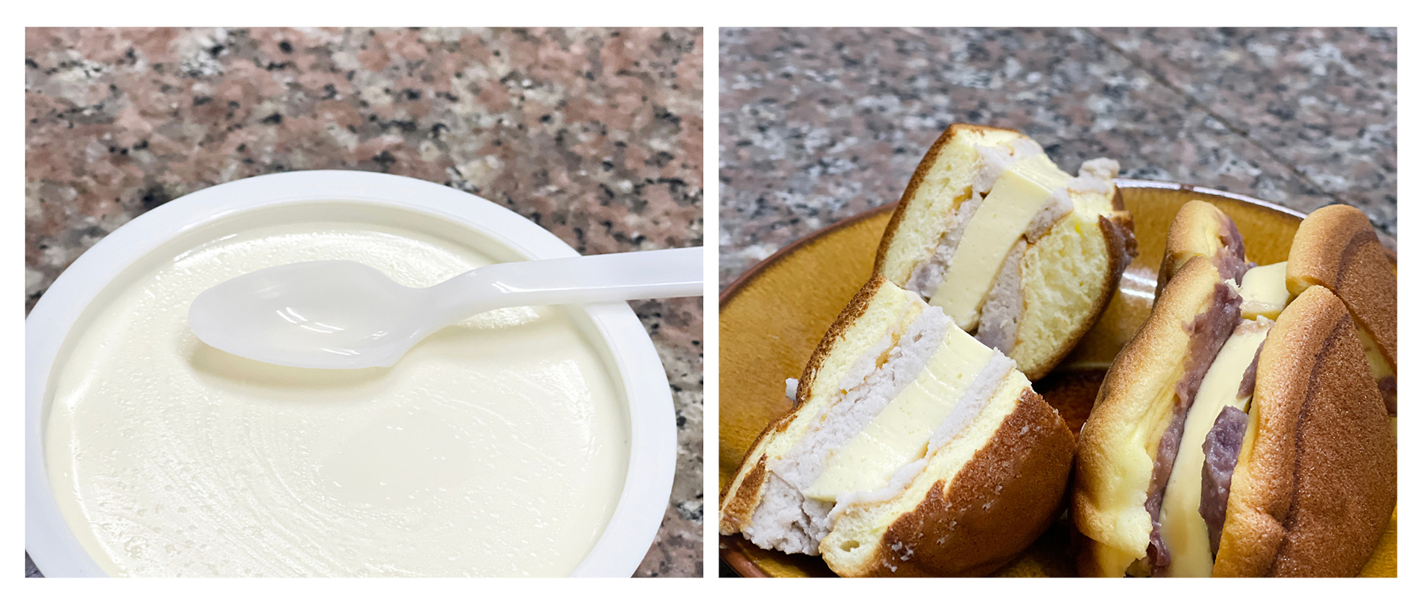 不添加一滴水的元老級鮮奶酪（左圖）。布丁最愛的獨門三層布蕾燒（右圖）。