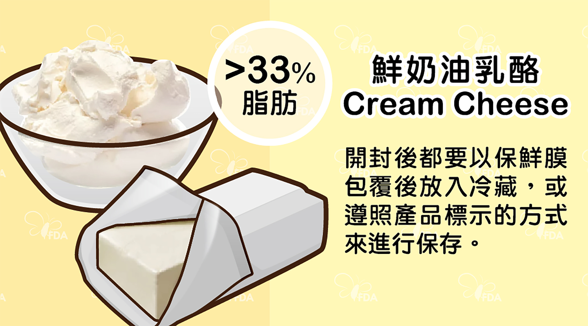 Cream cheese開封後要以保鮮膜包覆後冷藏，並盡快食用。