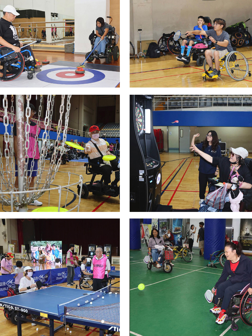 現場闖關活動有冰壺、羽球、飛盤、飛鏢、桌球、匹克球等，由多位身心障礙者及銀髮族熱情參加。